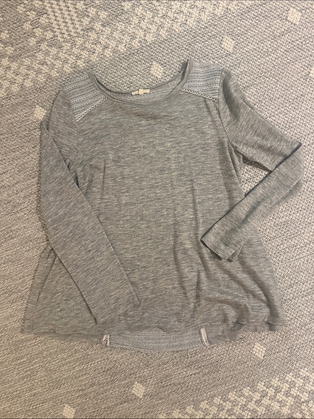 Mystree Heather Gray Long Sleeve Knit Top with Crochet Shoulder Detail